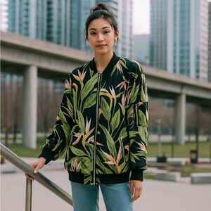 Zara Basic Jacket Womens XS Black‎ Floral Bomber Full Zip Outerwear Tropical